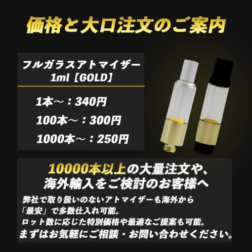 フルガラスアトマイザー 1ml【GOLD】｜510規格 ガラスカートリッジ - 画像 (5)