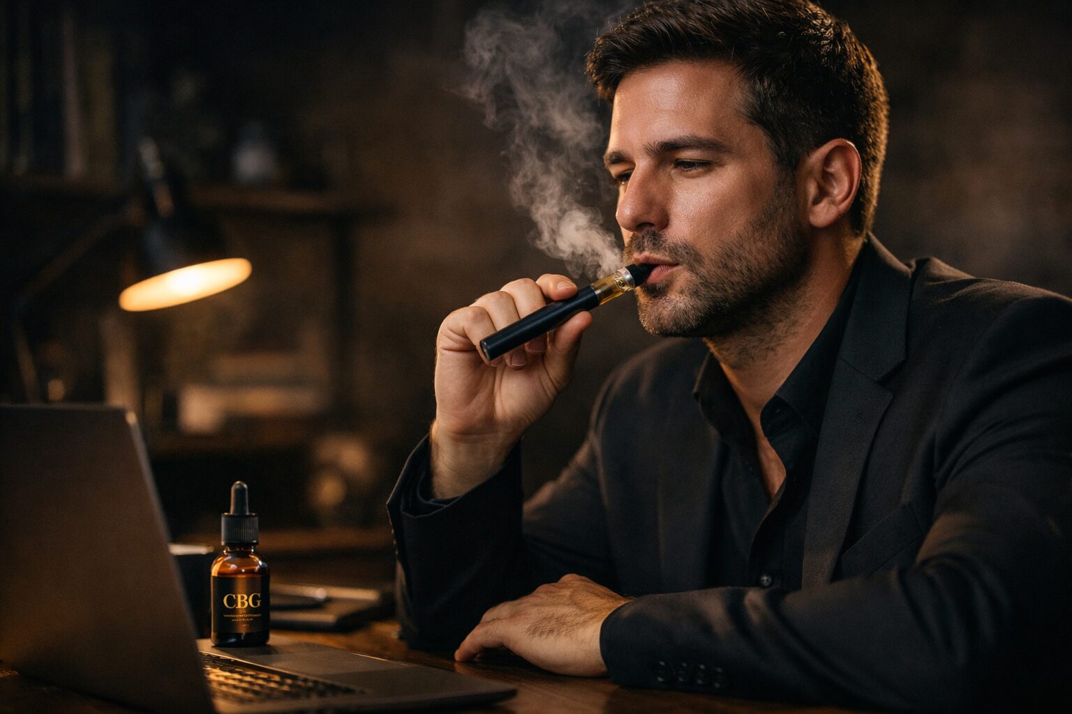 仕事中の集中力維持にCBGリキッドが選ばれるイメージ（デスクワーク・VAPE・落ち着いた雰囲気）