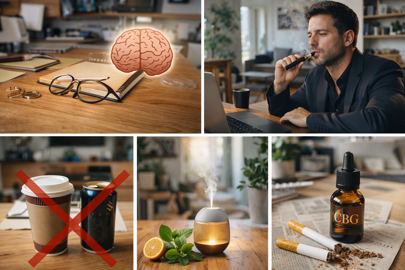 CBGリキッドが仕事中に選ばれる理由をアイコンでまとめたイメージ