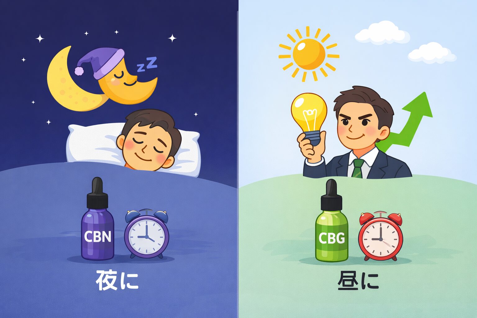 夜と昼で使い分けるルーティンのイメージ