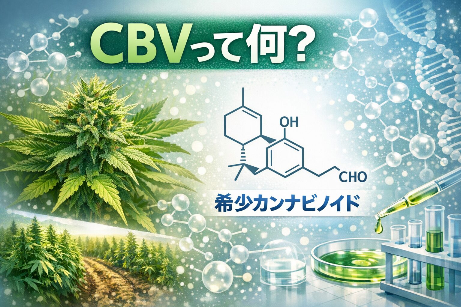 CBV（カンナビバリン）のイメージ（化学構造やヘンプの写真など）
