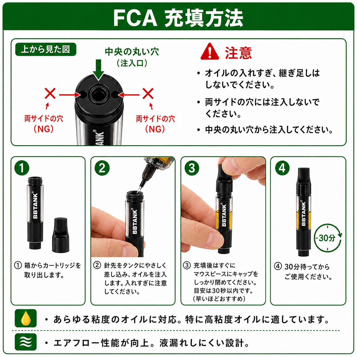 BBTANK FCA 1.0ml セラミックアトマイザー|510規格 CBD カートリッジ Black/White/Yellow - 画像 (2)