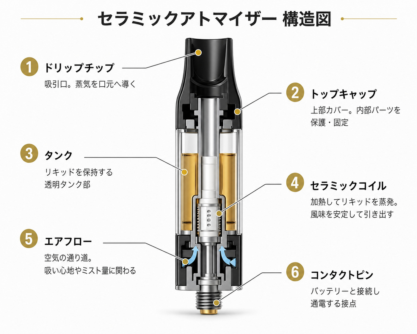 510アトマイザー断面構造図｜セラミックコイル・エアフロー・コンタクトピンの位置｜WING CBD