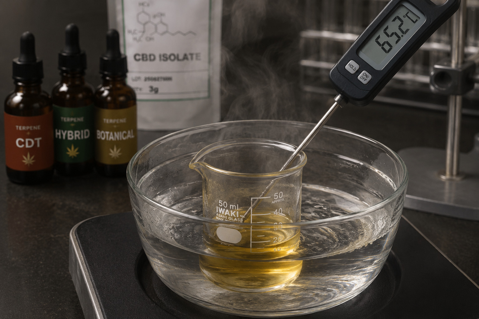 CBDリキッド製造の湯煎工程｜温度管理がテルペンの香りを守る