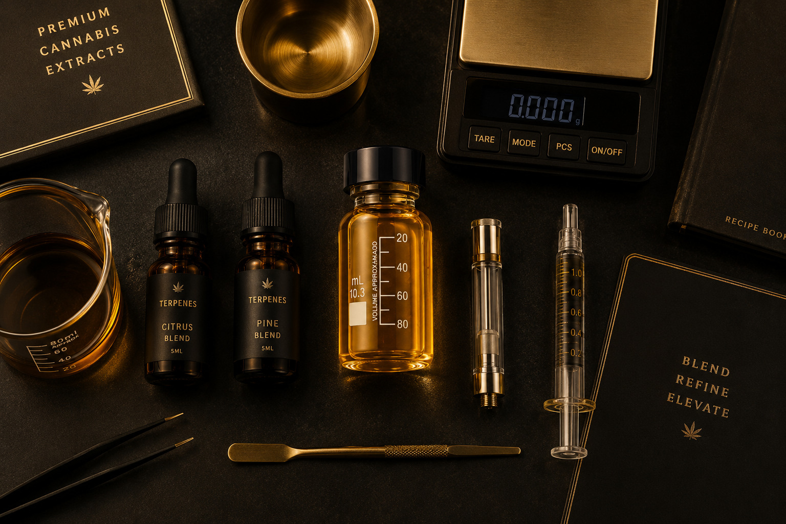 CBD＋を中心に、テルペンや空の510カートリッジ・計量器を並べた配合設計のワークスペース