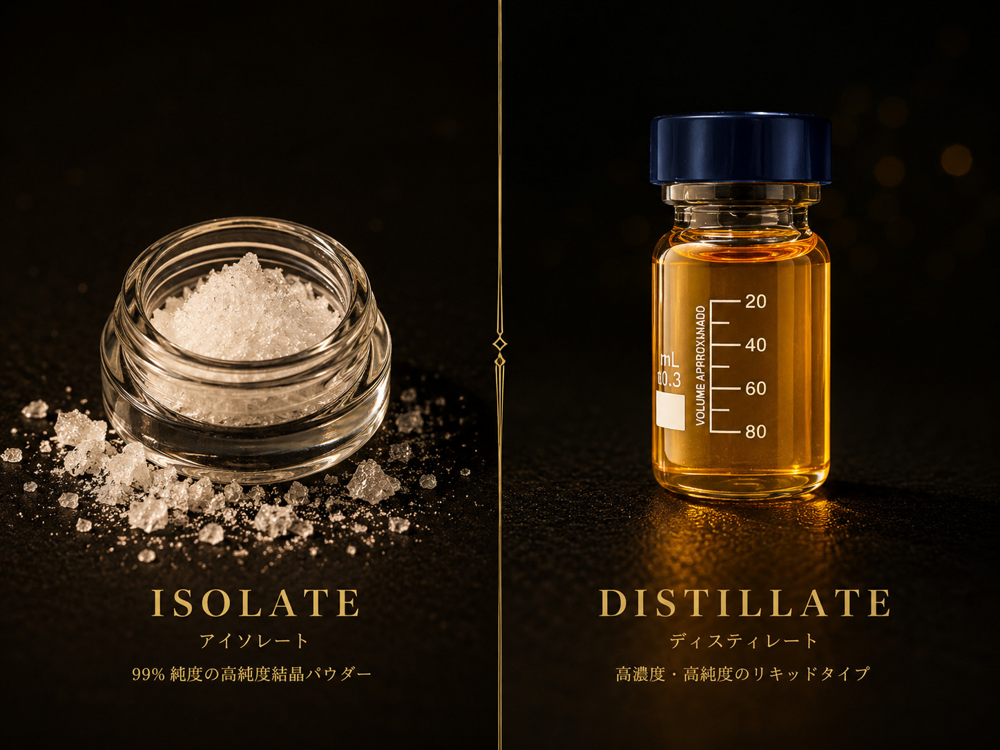 白い結晶パウダーの単体CBDアイソレートと、黄金色の液体ブレンドディストレートを並べた比較イメージ