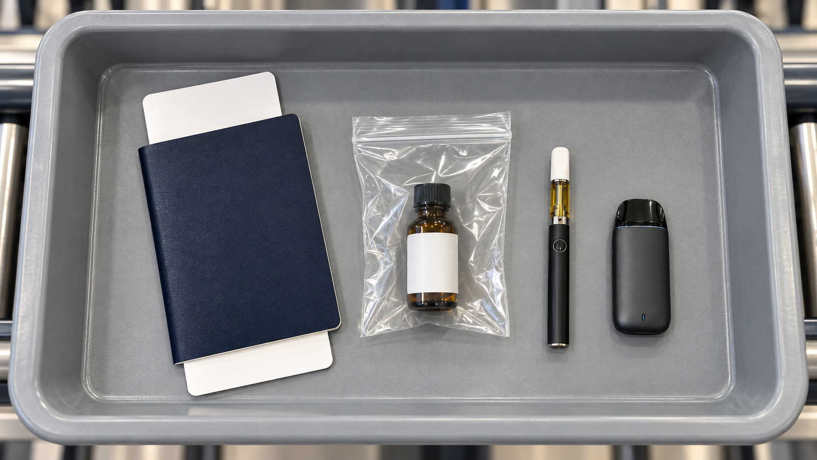 CBDリキッドとベイプを飛行機に持ち込むイメージ（空港の保安検査トレイに並べた手荷物）